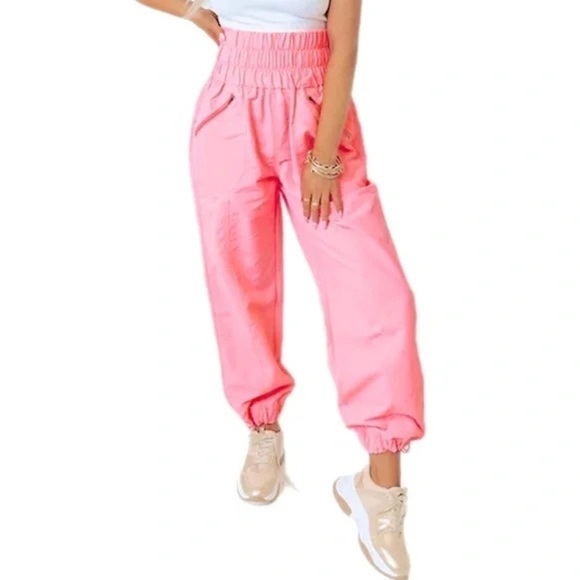 ZENANA Windbreaker High Waist Jogger Pants Zip Closure Side Pocket Bright Pink M - Picture 12 of 12